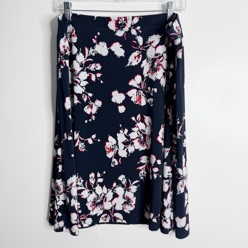 Chico’s‎ Navy Floral Knee Length Jersey Knit Skirt XL Chico 3 Pull On Workwear